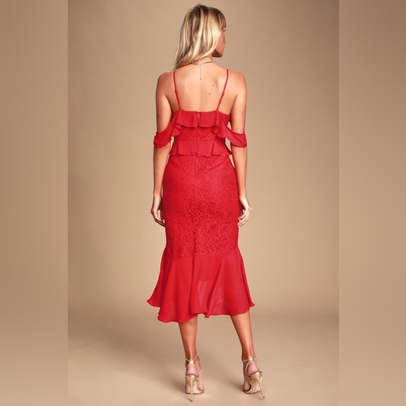 Lulu’s Dance of Romance Red Lace Cold-Shoulder Midi Dress - Picture 3 of 12